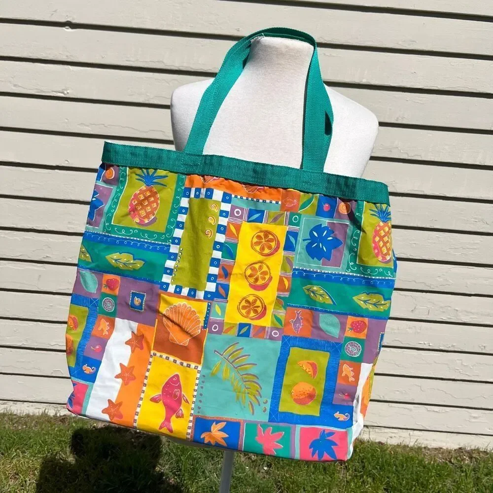 VTG 90s Tropical Vinyl Beach Tote Bag Poolside Coastal Grandma